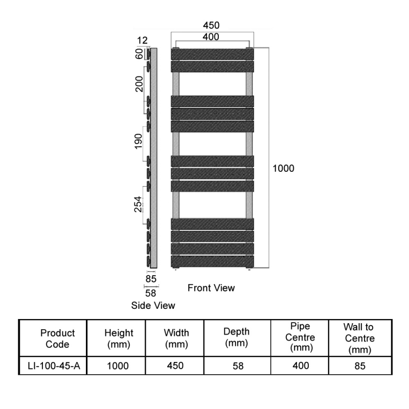 Orbit Life Flat Panel Heated Towel Rail 1000mm H x 450mm W - Anthracite  | Dimension Image