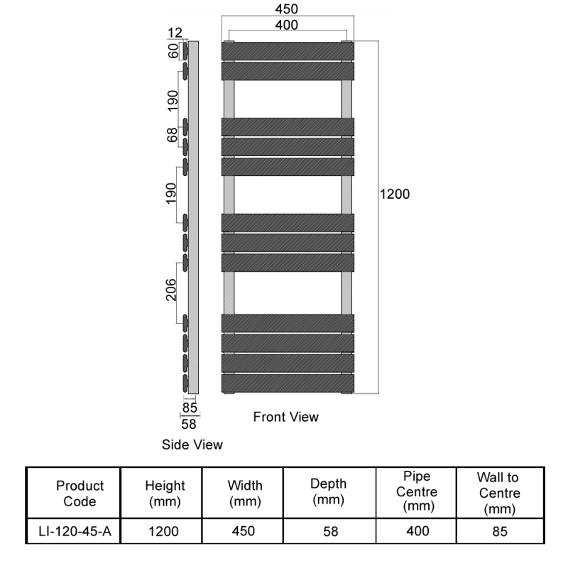 Orbit Life Flat Panel Heated Towel Rail 1200mm H x 450mm W - Anthracite  | Dimension Image