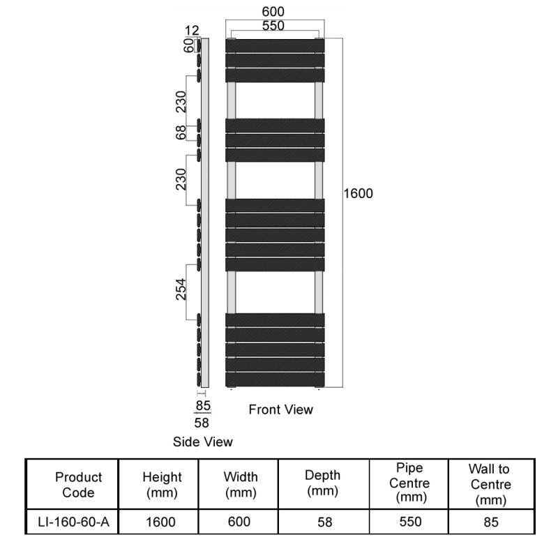 Orbit Life Flat Panel Heated Towel Rail 1600mm H x 600mm W - Anthracite  | Dimension Image