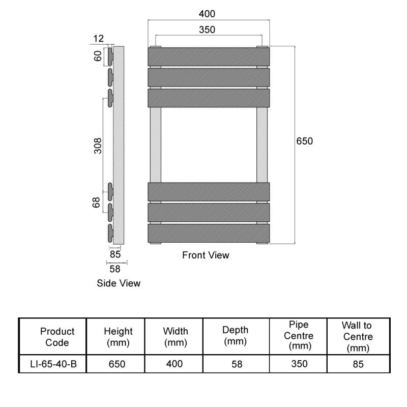 Orbit Life Flat Panel Heated Towel Rail 650mm H x 400mm W - Black  | Dimension Image