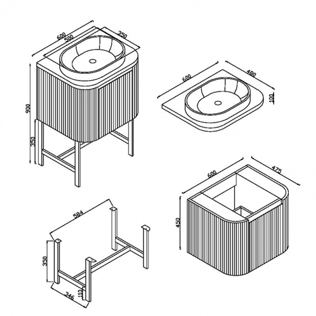 Orbit Linea Curve 1-Drawer Wall Hung Vanity Unit with Basin 600mm Wide - Matte Black
