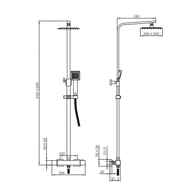 Orbit Lunar Square Shower Riser Kit with Single Function Handset and Fixed Head - Black