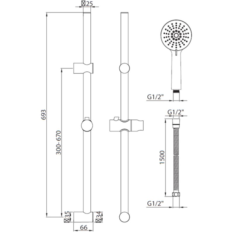 Orbit Middleton Shower Slide Rail Kit with Round Handset and Adjustable Brackets - Chrome