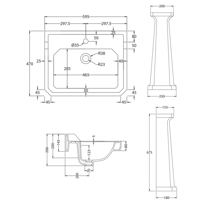 Orbit Harrogate Basin and Full Pedestal 600mm Wide - 1 Tap Hole