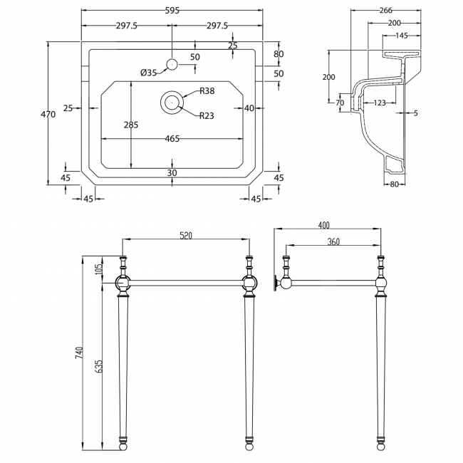 Orbit Harrogate Basin with Washstand 600mm Wide - 1 Tap Hole