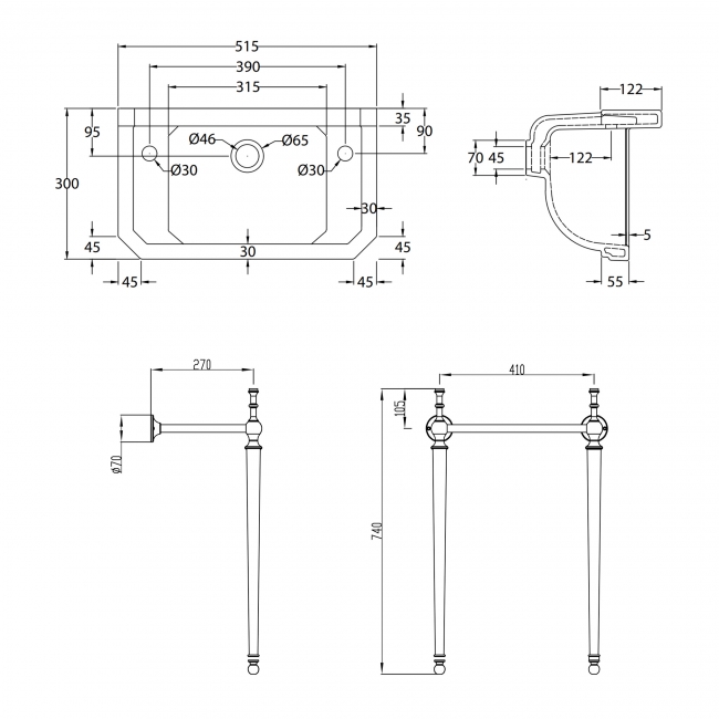 Orbit Harrogate Basin with Washstand 515mm Wide - 2 Tap Hole