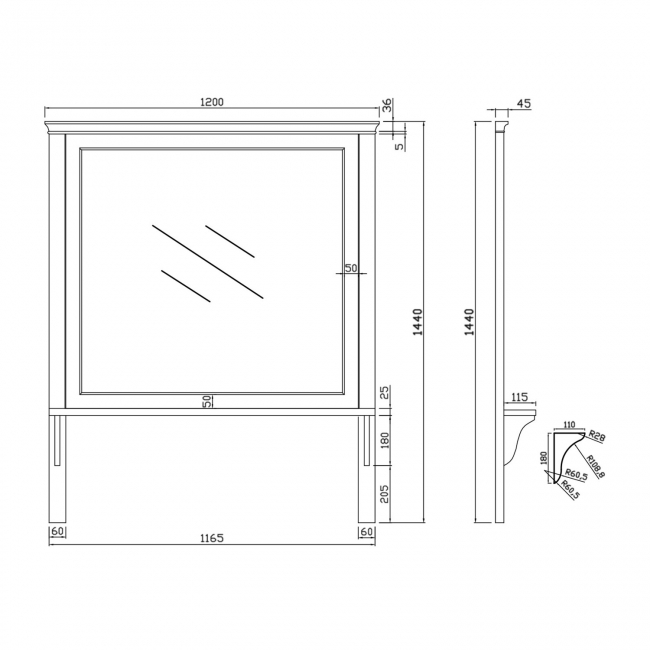 Orbit Harrogate Bathroom Mirror 1440mm H x 1200mm W - Spa Grey