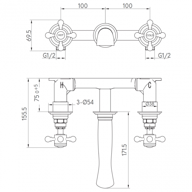Orbit Harrogate Wall Mounted Crosshead 3-Hole Basin Mixer Tap - Aged Brass