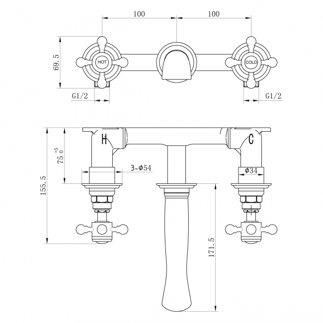 Orbit Harrogate Wall Mounted Crosshead 3-Hole Basin Mixer Tap - Chrome