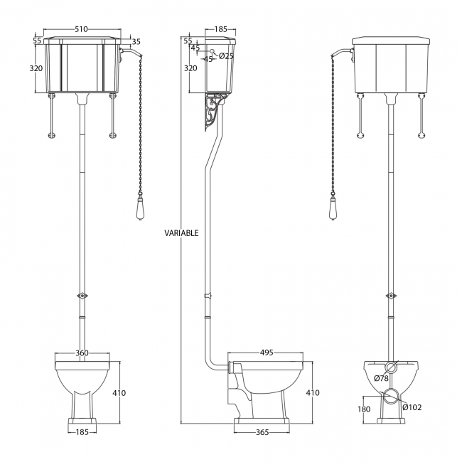 Orbit Harrogate High Level Pan with Pull Chain Cistern and Flush Pipe Kit - Excluding Seat