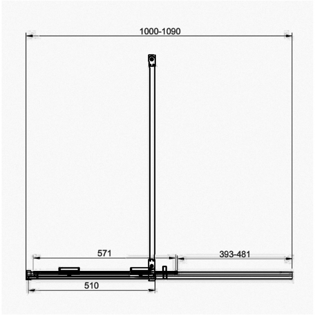 Orbit Momentum Gun Metal Frameless Sliding Wet Room Glass Panel 1100mm Wide - 8mm  | Dimension Image