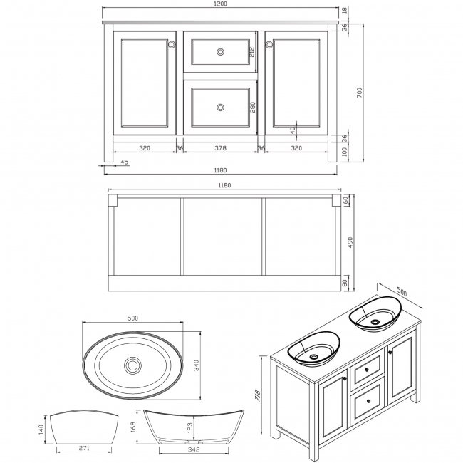 Orbit Harrogate Montpelier Vanity Unit with Worktop 1200mm Wide and Two Countertop Basin - Dovetail Grey  | Dimension Image