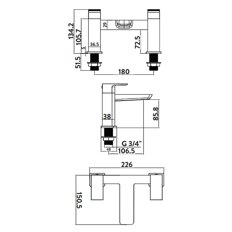 Orbit Muro Bath Filler Tap Pillar Mounted - Brushed Brass