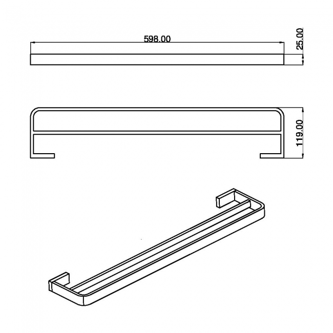 Orbit Roma Double Towel Bar Rail 598mm Wide - Brushed Brass