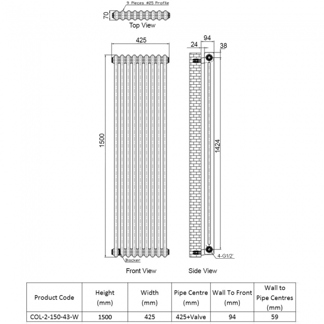 Orbit Noble 2-Column Designer Vertical Radiator 1500mm H x 425mm W - Gloss White  | Dimension Image