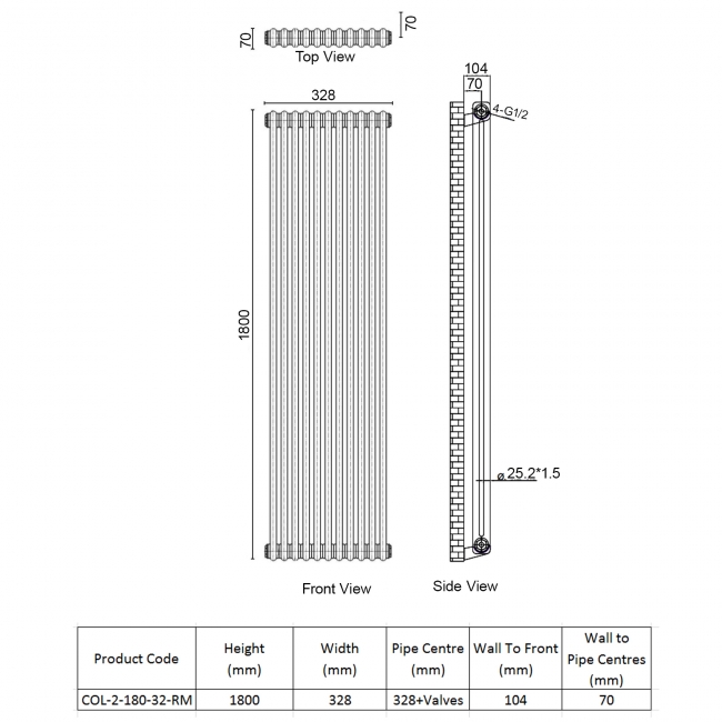 Orbit Noble 2-Column Designer Vertical Radiator 1800mm H x 328mm W - Raw Metal  | Dimension Image