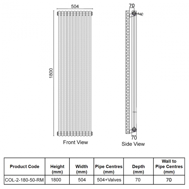 Orbit Noble 2-Column Designer Vertical Radiator 1800mm H x 504mm W - Raw Metal  | Dimension Image