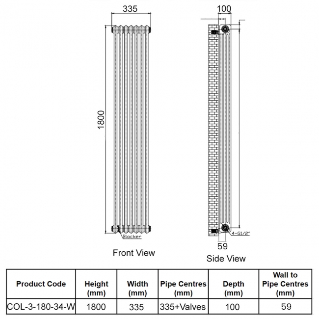 Orbit Noble 3-Column Designer Vertical Radiator 1800mm H x 335mm W - Gloss White  | Dimension Image