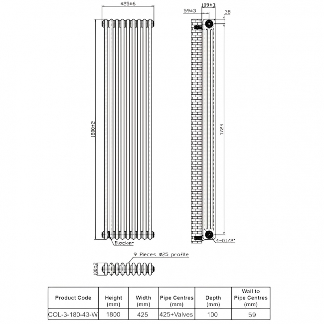 Orbit Noble 3-Column Designer Vertical Radiator 1800mm H x 425mm W - Gloss White  | Dimension Image