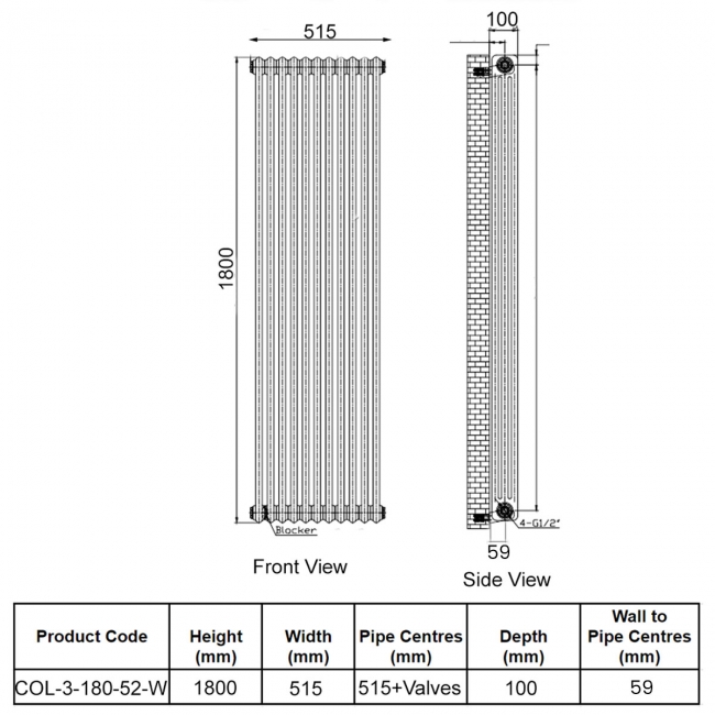 Orbit Noble 3-Column Designer Vertical Radiator 1800mm H x 515mm W - Gloss White