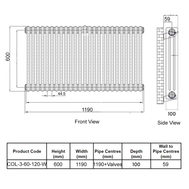 Orbit Noble 3-Column Designer Horizontal Radiator 600mm H x 1190mm W - Gloss White