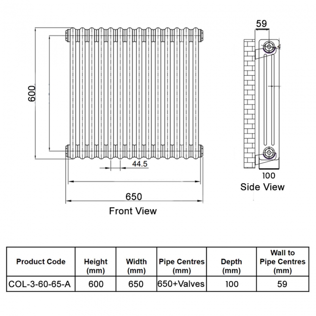 Orbit Noble 3-Column Designer Horizontal Radiator 600mm H x 650mm W - Anthracite  | Dimension Image