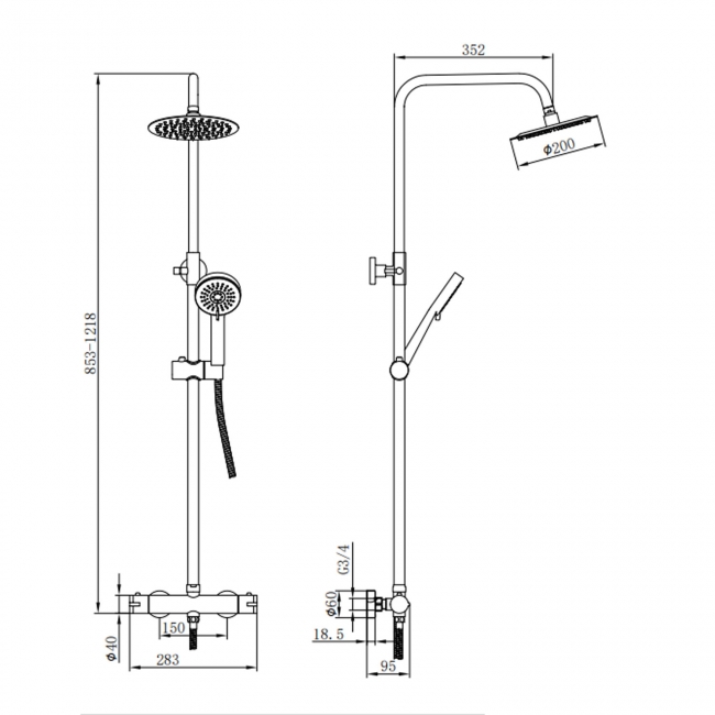 Orbit Noire Middleton Thermostatic Bar Shower Mixer with Shower Kit and Fixed Head - Matt Black