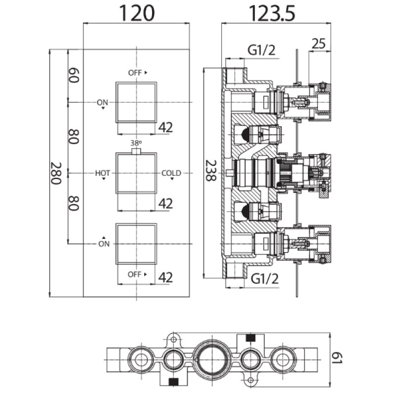 Orbit Noire Square Thermostatic Concealed Shower Valve Triple Handle - Matt Black