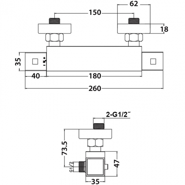 Orbit Noire Square Cool Touch Thermostatic Bar Shower Valve Bottom Outlet - Matt Black