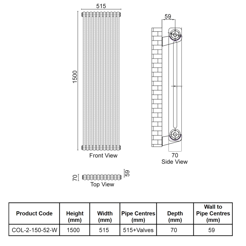 Orbit Noble 2-Column Designer Vertical Radiator 1500mm H x 515mm W - Gloss White  | Dimension Image