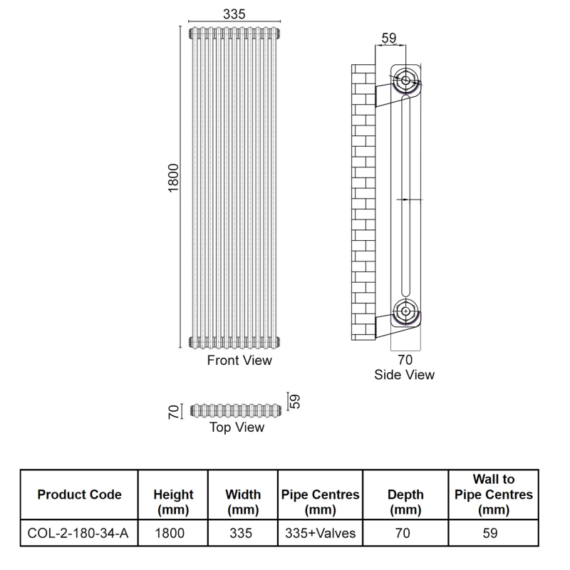 Orbit Noble 2-Column Designer Vertical Radiator 1800mm H x 335mm W - Anthracite  | Dimension Image