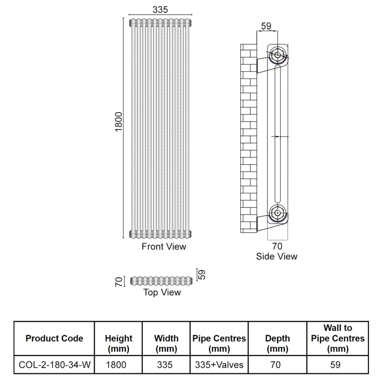 Orbit Noble 2-Column Designer Vertical Radiator 1800mm H x 335mm W - Gloss White