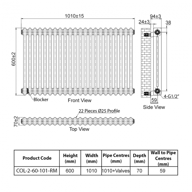 Orbit 2 Column Designer Horizontal Radiator 600mm H x 1010mm W - Raw Metal