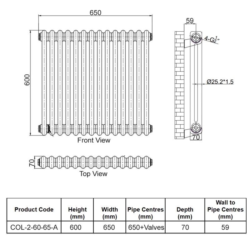 Orbit Noble 2-Column Designer Horizontal Radiator 600mm H x 650mm W - Anthracite  | Dimension Image