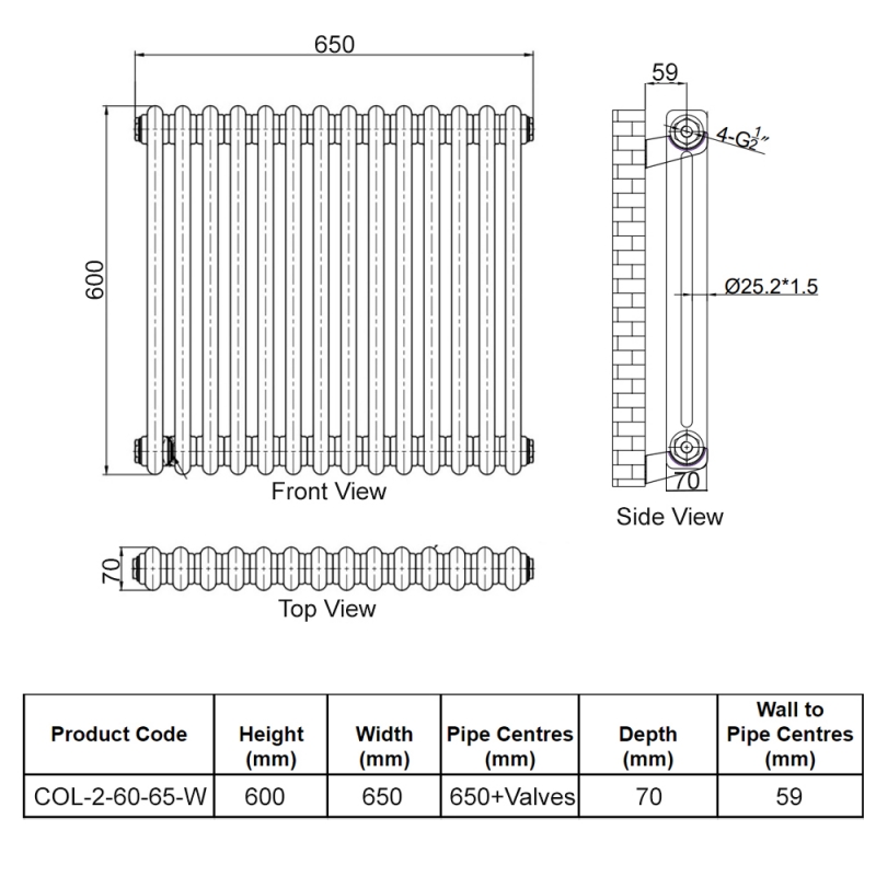 Orbit Noble 2-Column Designer Horizontal Radiator 600mm H x 650mm W - Gloss White  | Dimension Image