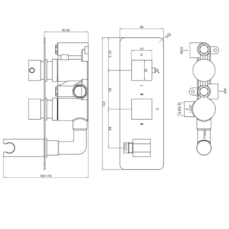Orbit Recessed Square Concealed Shower Valve with Diverter Dual Handle - Chrome