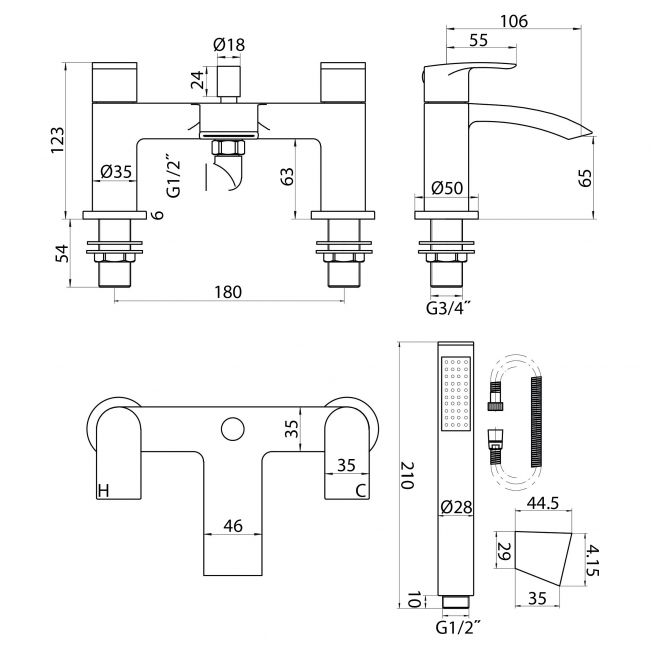 Orbit Reno Bath Shower Mixer Tap Pillar Mounted with Kit and Wall Bracket - Matt Black