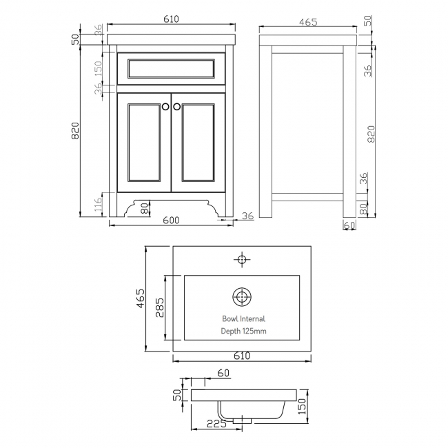 Orbit Harrogate Ripley Floor Standing 2-Door Vanity Unit with Basin 600mm Wide - Dovetail Grey  | Dimension Image