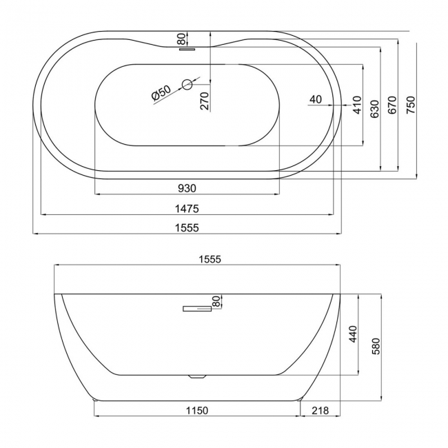 Orbit Riviera Freestanding Bath 1555mm x 750mm - Acrylic