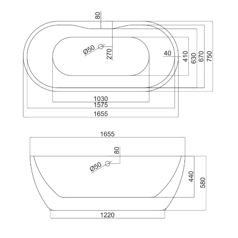 Orbit Riviera Freestanding Bath 1655mm x 750mm - Acrylic