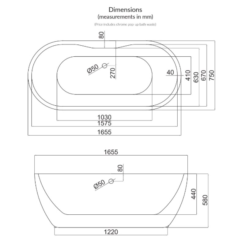 Orbit Riviera Noire Freestanding Bath 1655mm x 750mm - Matt Black Base