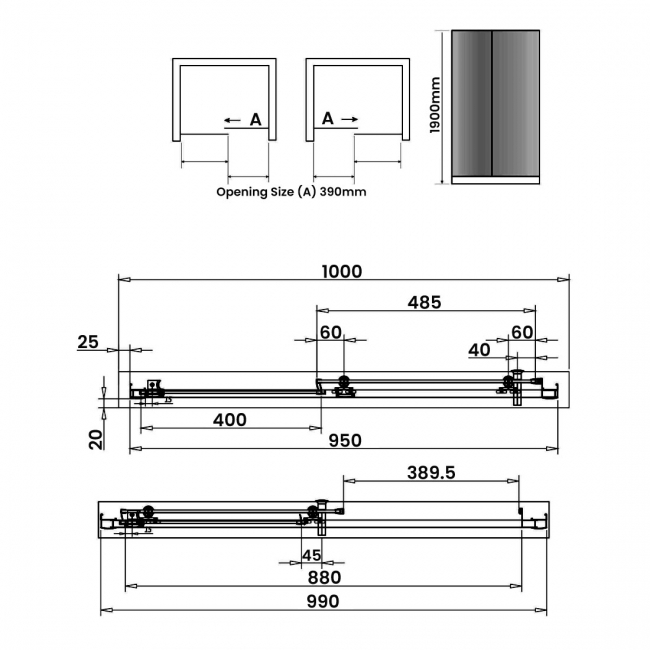 Orbit S6 Brushed Brass Sliding Shower Door 1000mm Wide - 6mm Glass  | Dimension Image