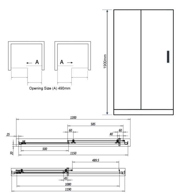 Orbit S6 Brushed Brass Sliding Shower Door 1200mm Wide - 6mm Glass  | Dimension Image
