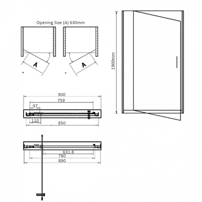 Orbit S6 Brushed Brass Pivot Shower Door 900mm Wide - 6mm Glass  | Dimension Image