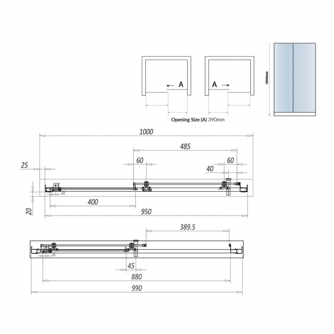 Orbit S6 Black Sliding Shower Door 1000mm Wide - 6mm Glass  | Dimension Image