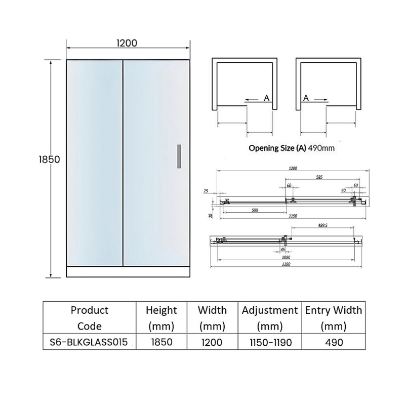 Orbit S6 Black Sliding Shower Door 1200mm Wide - 6mm Glass  | Dimension Image