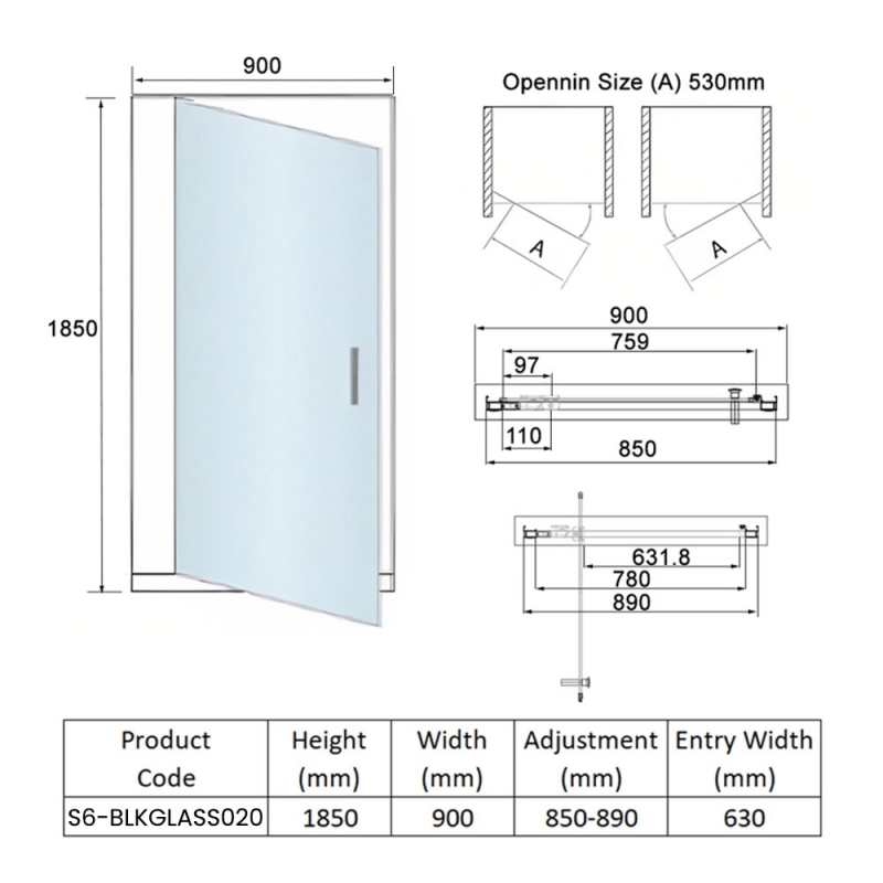 Orbit S6 Black Pivot Shower Door 900mm Wide - 6mm Glass  | Dimension Image