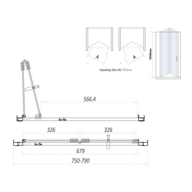 Orbit S6 Black Semi-Frameless Bi-Fold Shower Door 800mm Wide - 6mm Glass  | Dimension Image