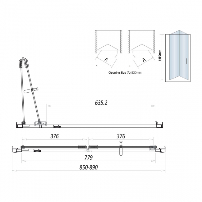 Orbit S6 Black Semi-Frameless Bi-Fold Shower Door 900mm Wide - 6mm Glass  | Dimension Image