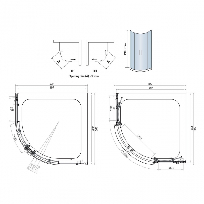Orbit S6 Brushed Brass 2-Door Quadrant Shower Enclosure 900mm x 900mm - 6mm Glass  | Dimension Image